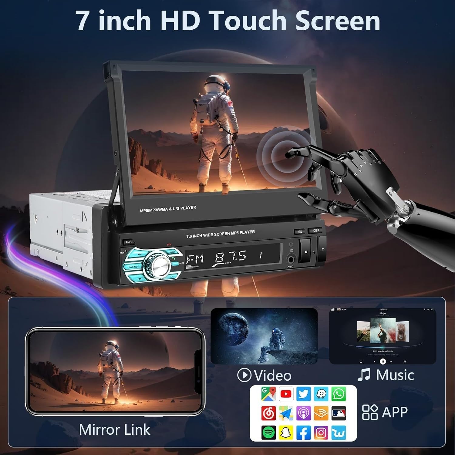 7" Single Din Car Stereo Wired CarPlay Android Auto Bluetooth FM