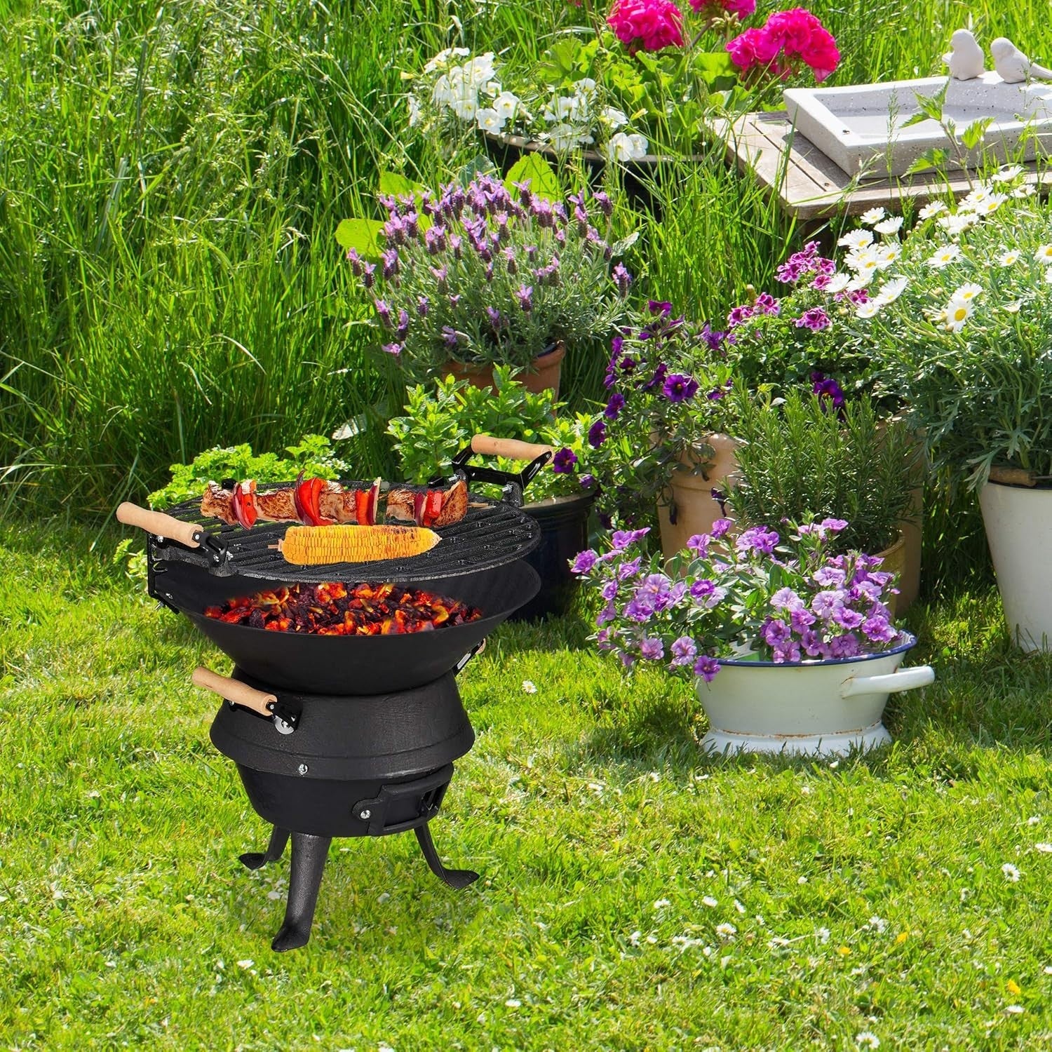 Cast Iron Charcoal BBQ Grill Adjustable Height Outdoor Garden Fire Pit Cooker