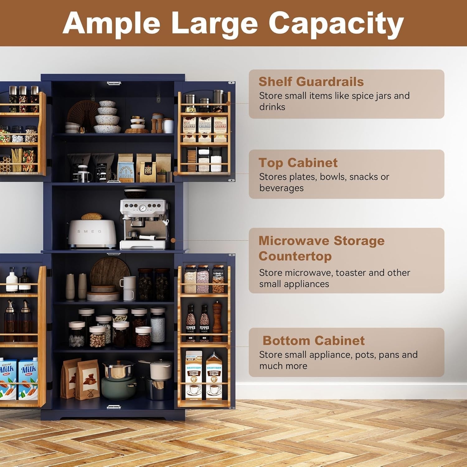 Blue Tall Kitchen Cabinet Pantry Cupboard 2 Doors Shelves 183cm