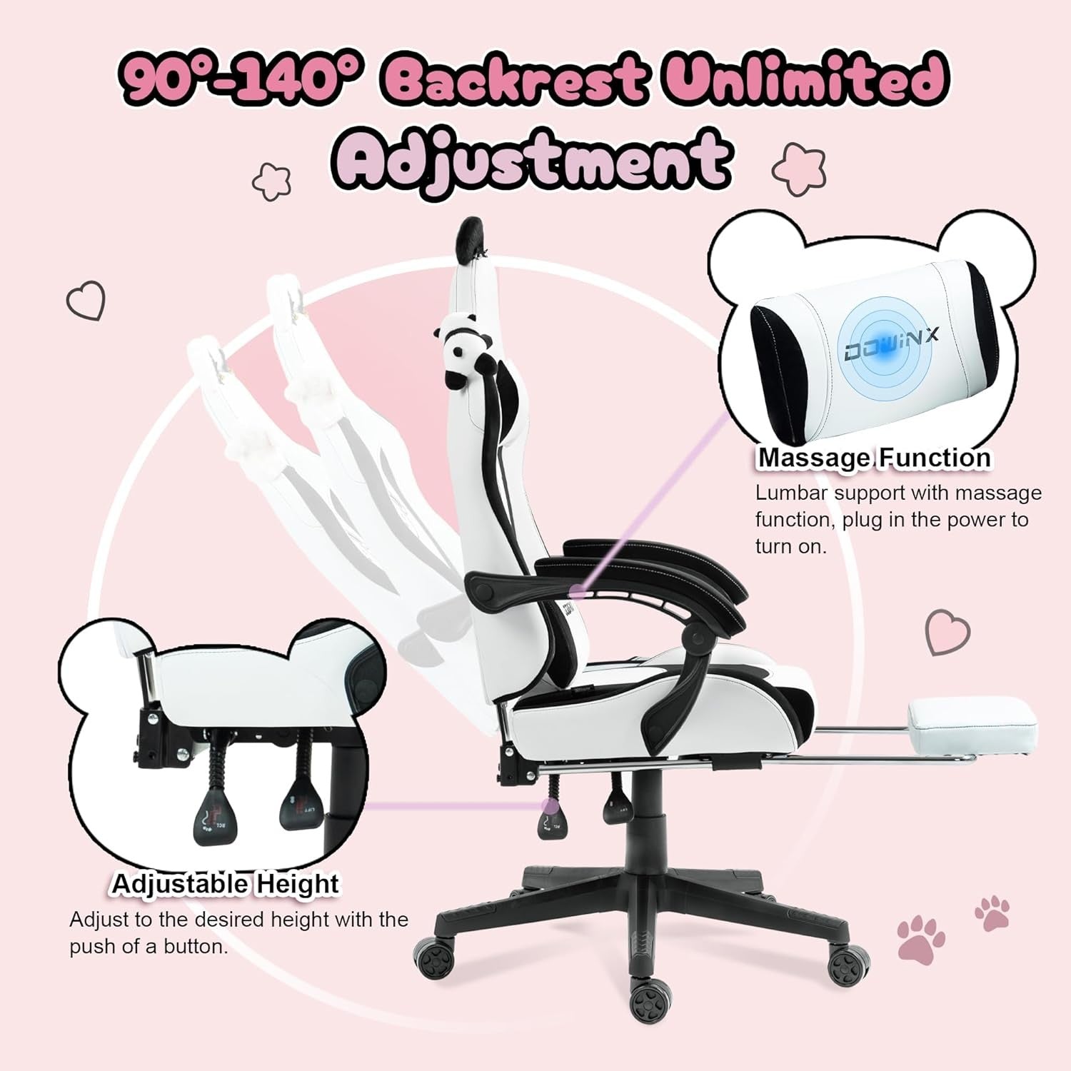 Cute Panda Ear Gaming Chair Massage Lumbar Footrest 290lbs
