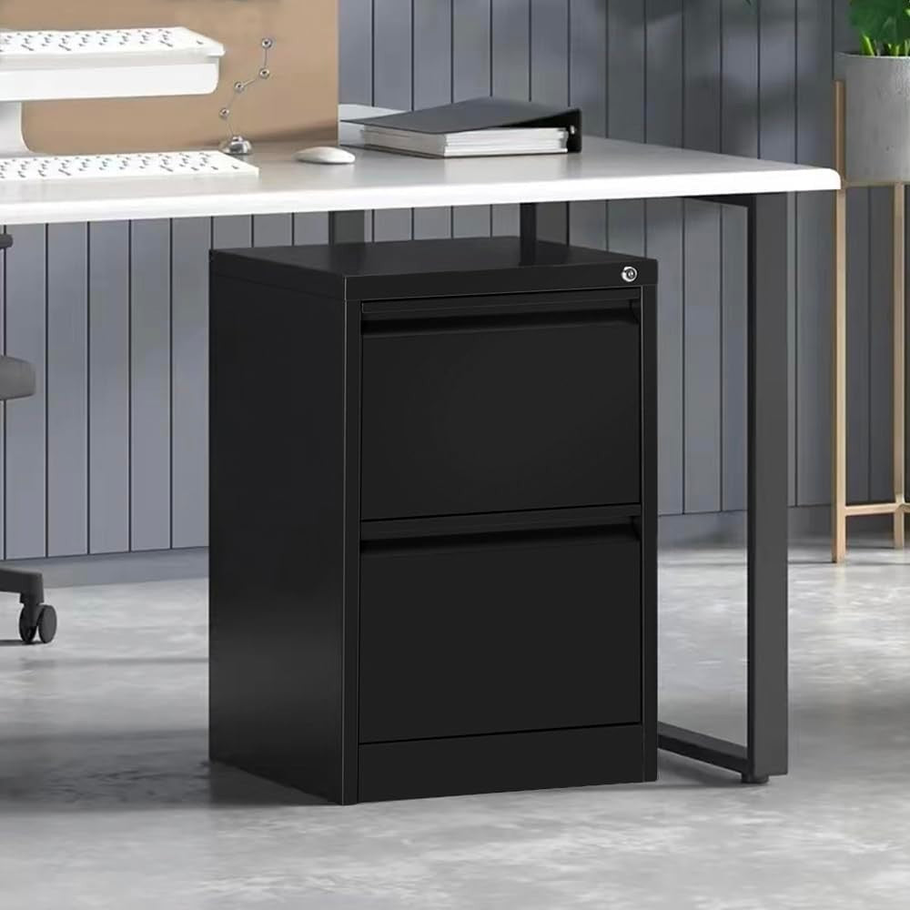 Black Metal Filing Cabinet 2 Drawer Lockable Office Storage Heavy Duty