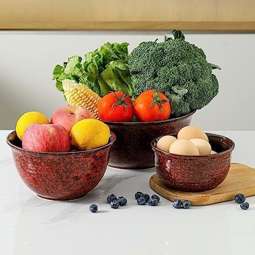 Red Ceramic Mixing Bowls Set of 3 – Microwave, Oven & Dishwasher Safe