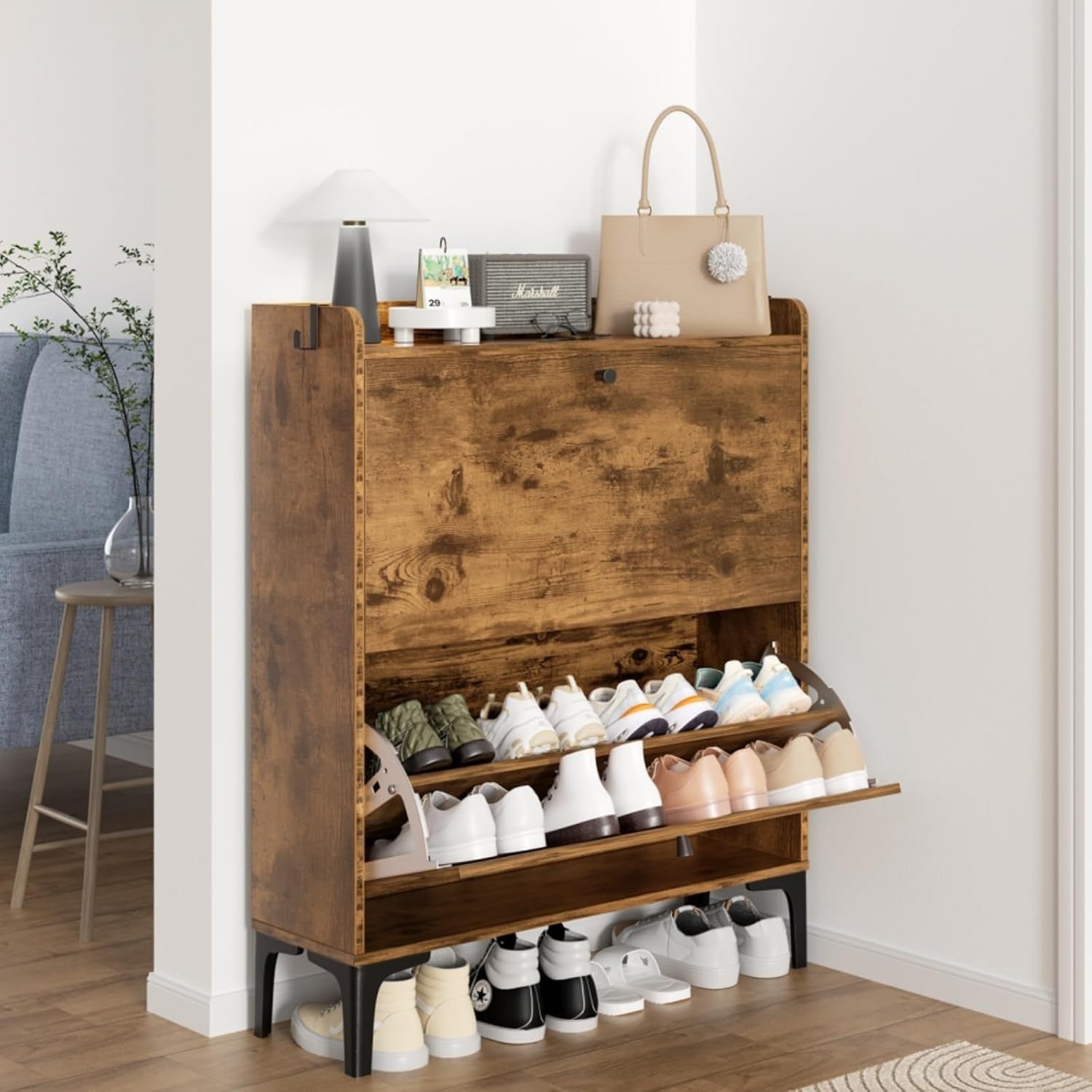 Rustic Brown 2 Drawer Shoe Cabinet with Adjustable Dividers & Flip Storage.