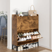 Rustic Brown 2 Drawer Shoe Cabinet with Adjustable Dividers & Flip Storage.