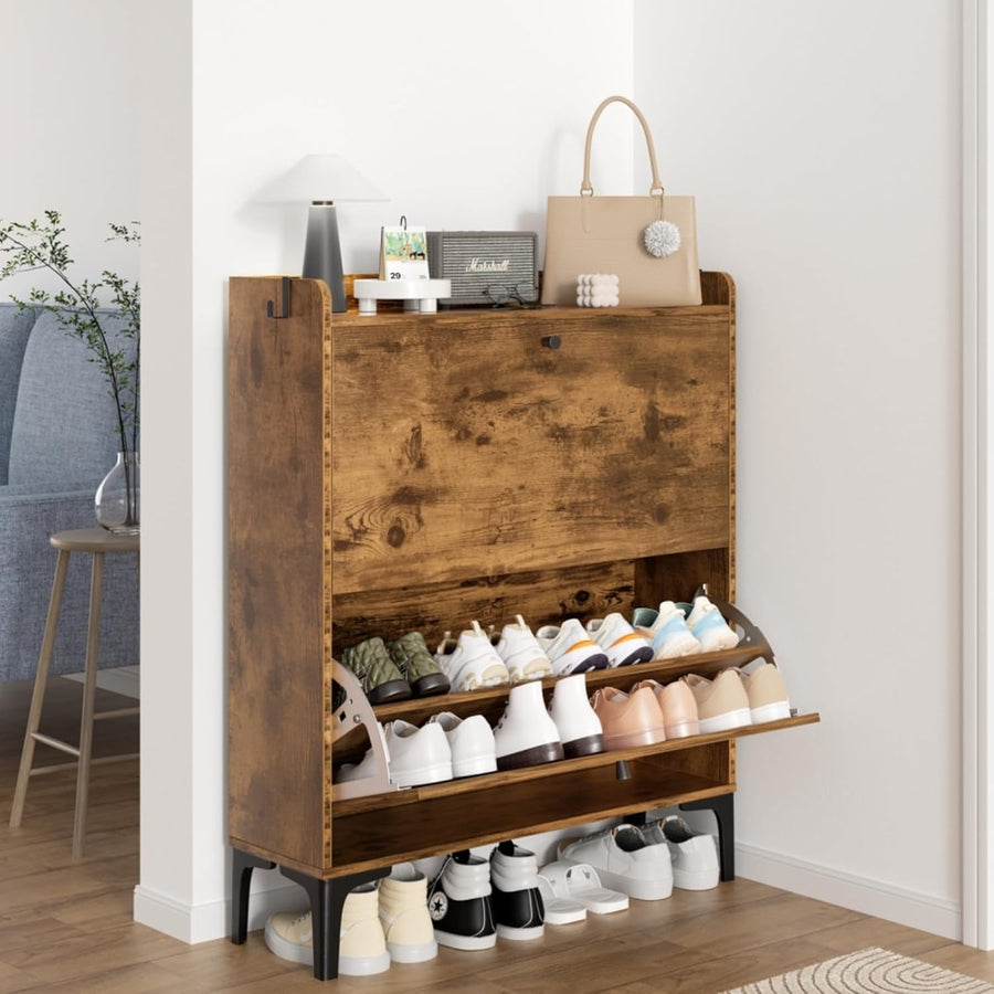 Rustic Brown 2 Drawer Shoe Cabinet with Adjustable Dividers & Flip Storage.