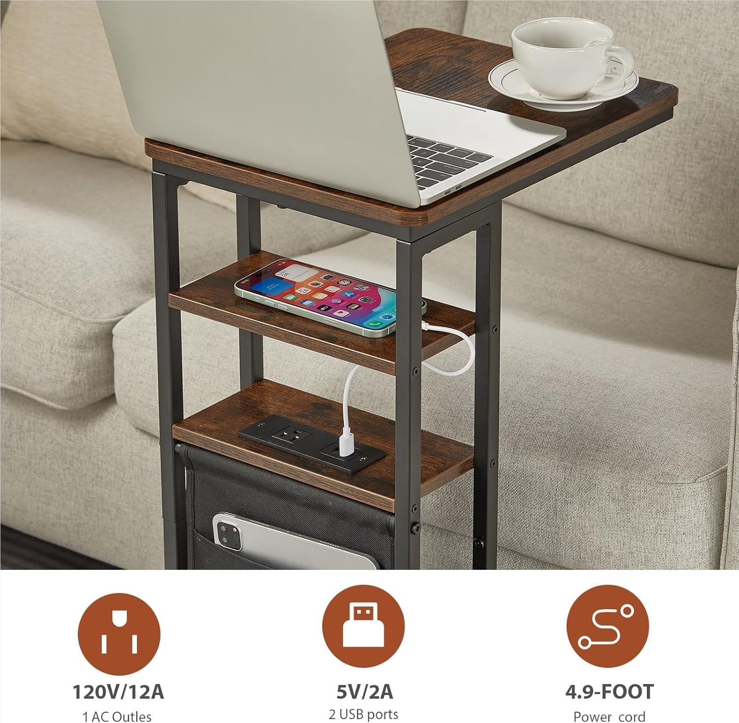 Retro C-Shaped End Table with Charging Station 3-Tier Storage Slim Sofa Table