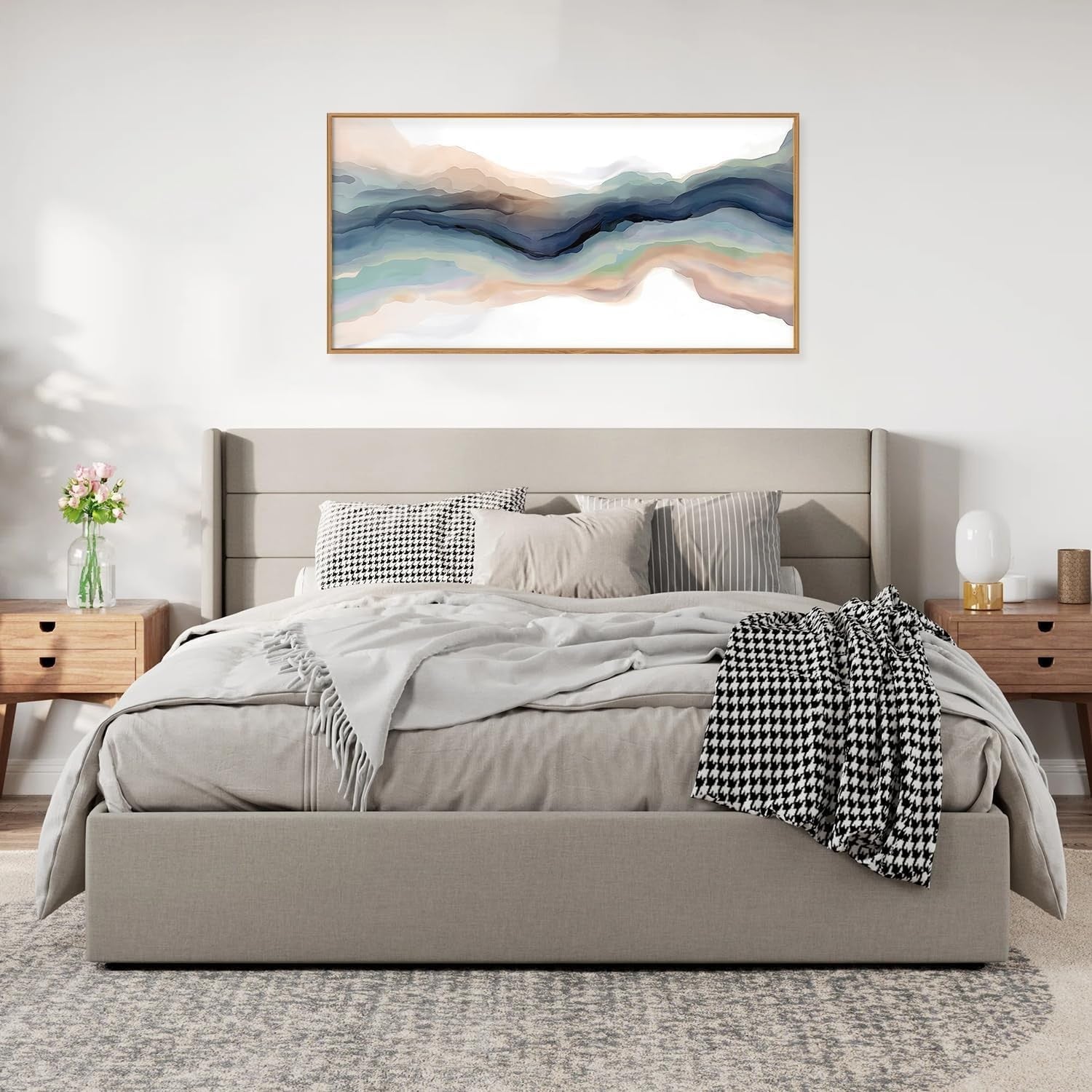 Blue Abstract Line Framed Canvas Wall Art Modern Watercolor Wave 20x40