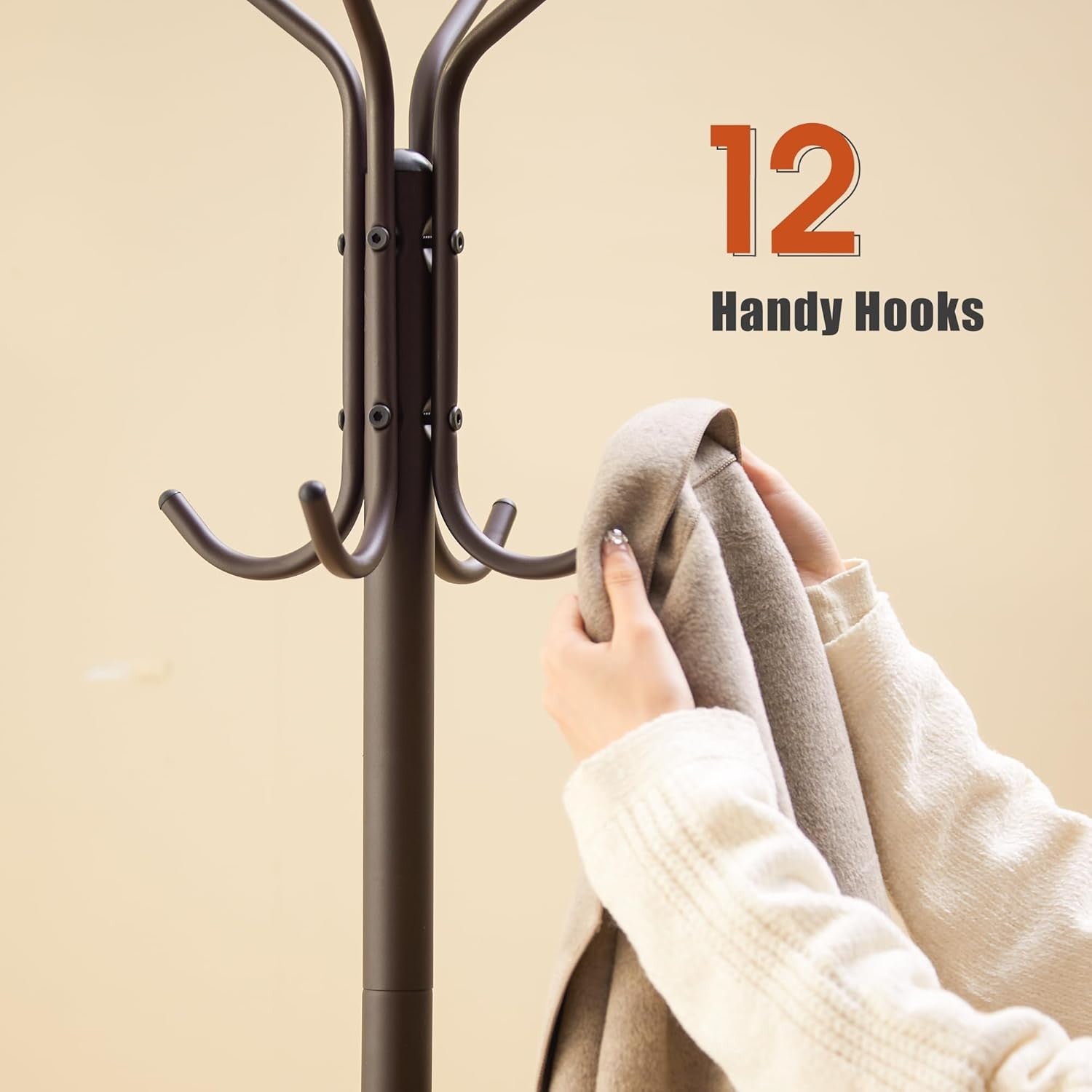 Freestanding Metal Coat Rack 12 Hooks with Umbrella Holder Brown Stand