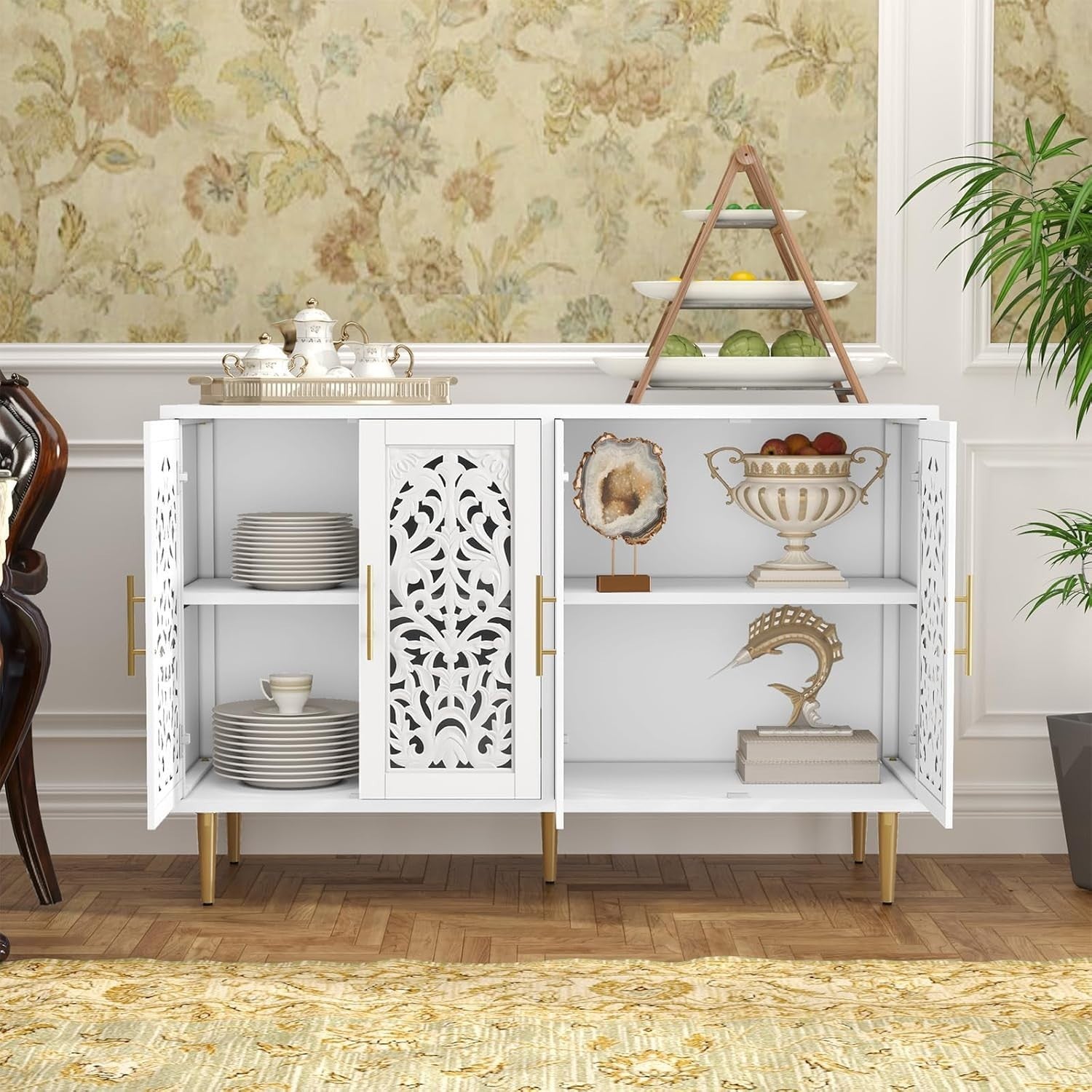 Vintage White Sideboard Cabinet 4 Doors Hollow Carved Buffet Storage Unit