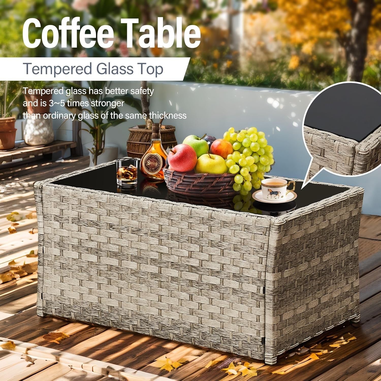 4PC Rattan Garden Furniture Set Outdoor Sofa Chairs Table Grey Cushions