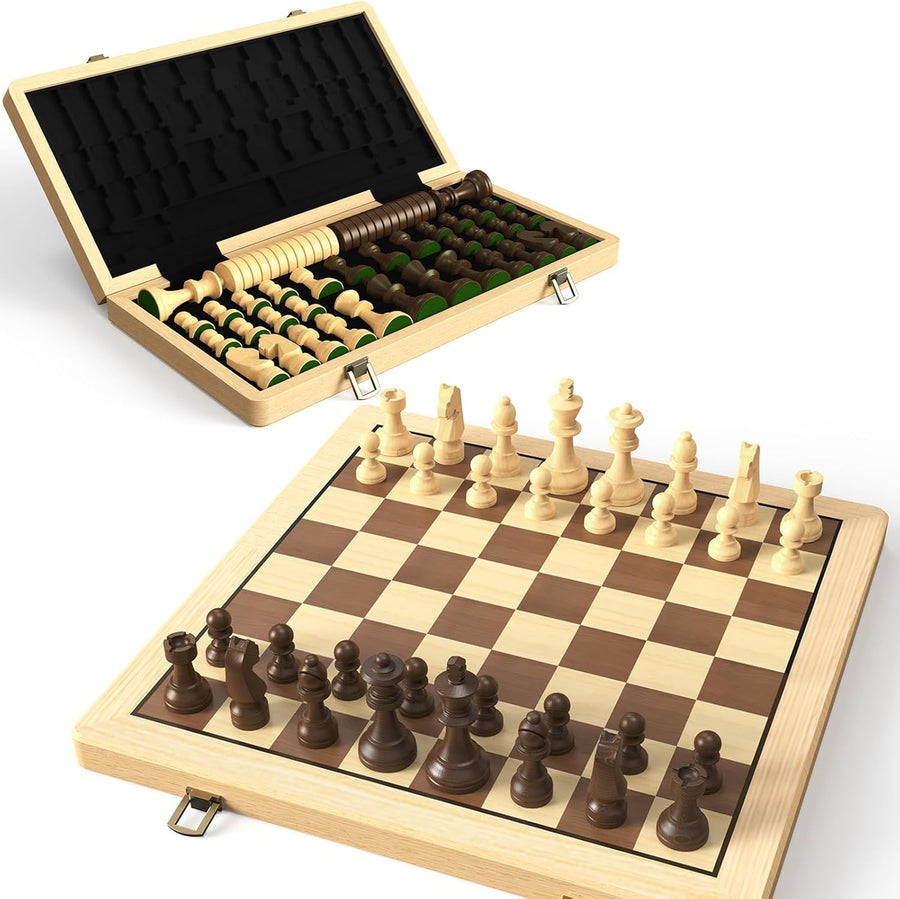15" Wooden Folding Chess & Checkers Set 2-in-1 Board Game with 3" Kings