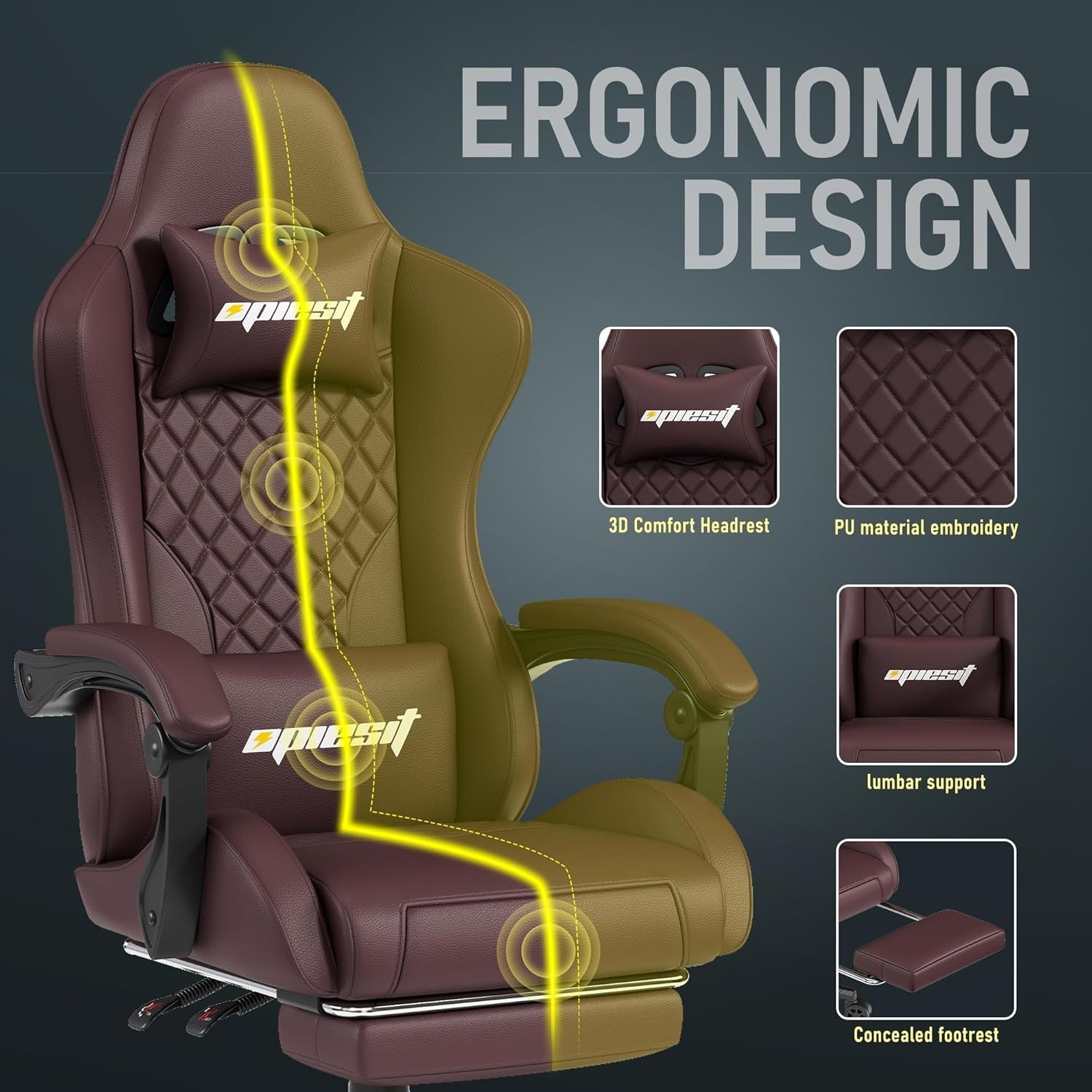 Ergonomic Gaming Chair with Footrest Reclining Brown Swivel