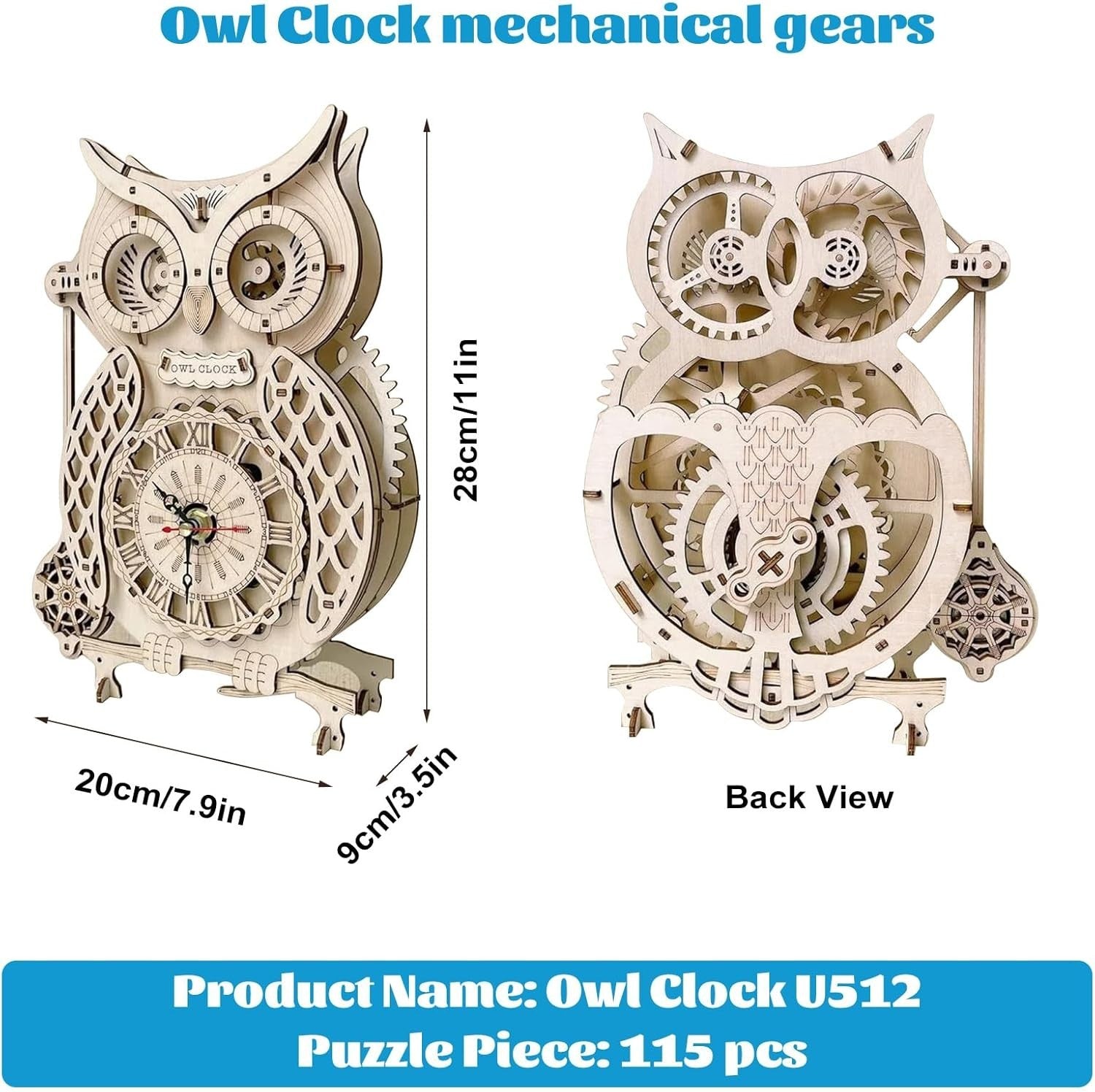 Owl Wooden Clock Puzzle Kit with Pendulum - DIY Mechanical Model Gift
