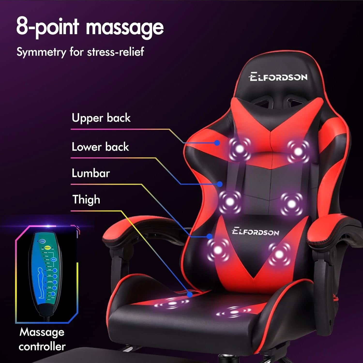 Massage Gaming Chair Recliner w/ Footrest 150° Swivel PU Red