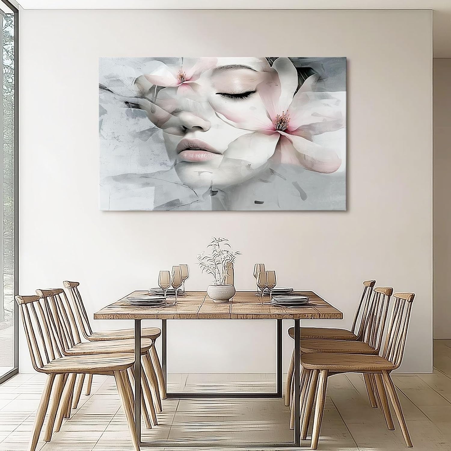 Large Canvas Wall Art Flowers Woman Face Print 120x50cm Frameless