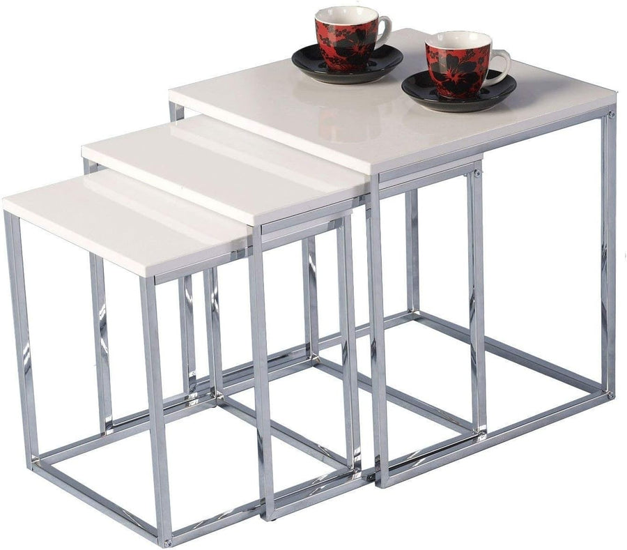 3pc White High Gloss Nesting Coffee Tables Set Modern Glass Metal Living Room