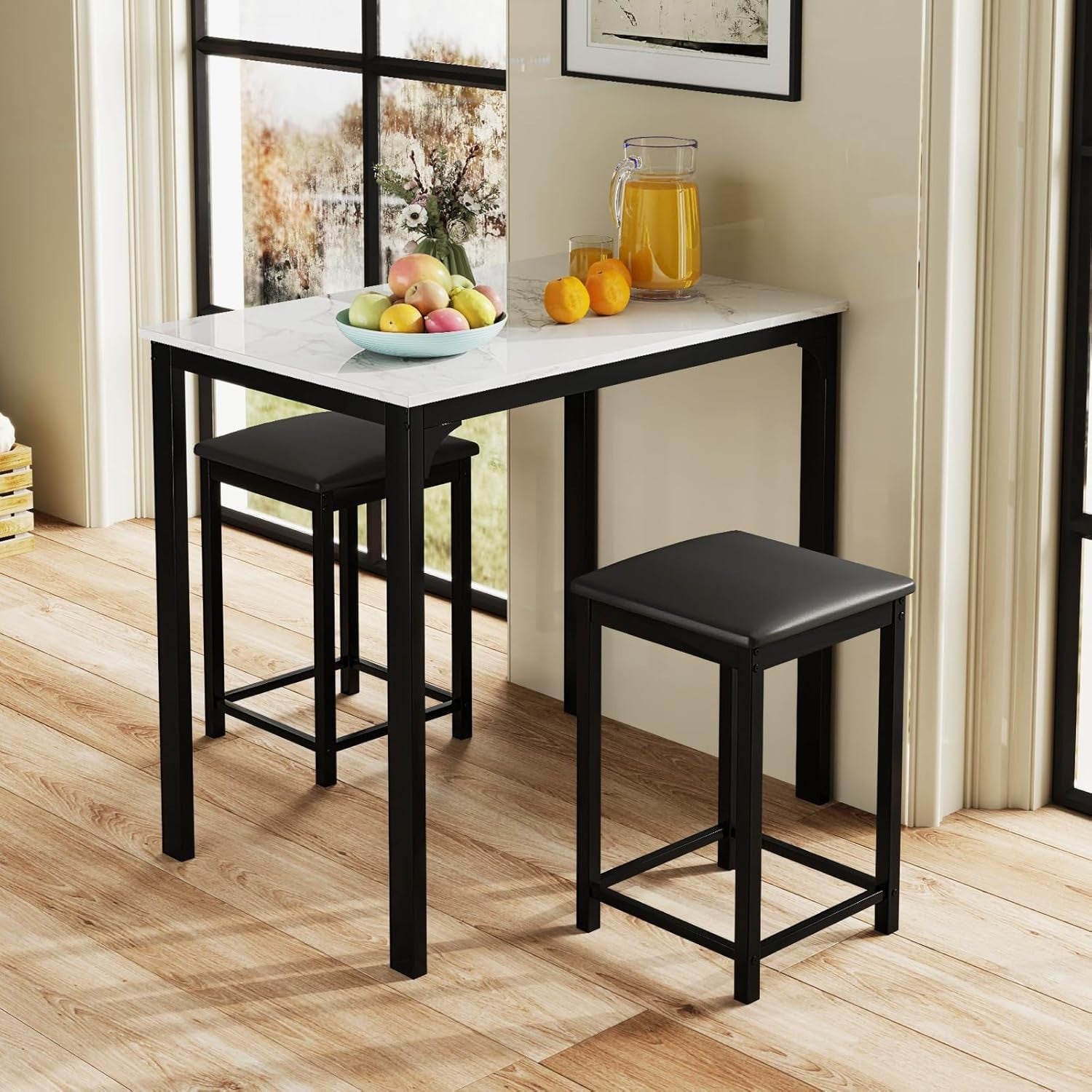 3 Piece Bar Table Set with Stools Marble Effect Top Counter Height Cream White