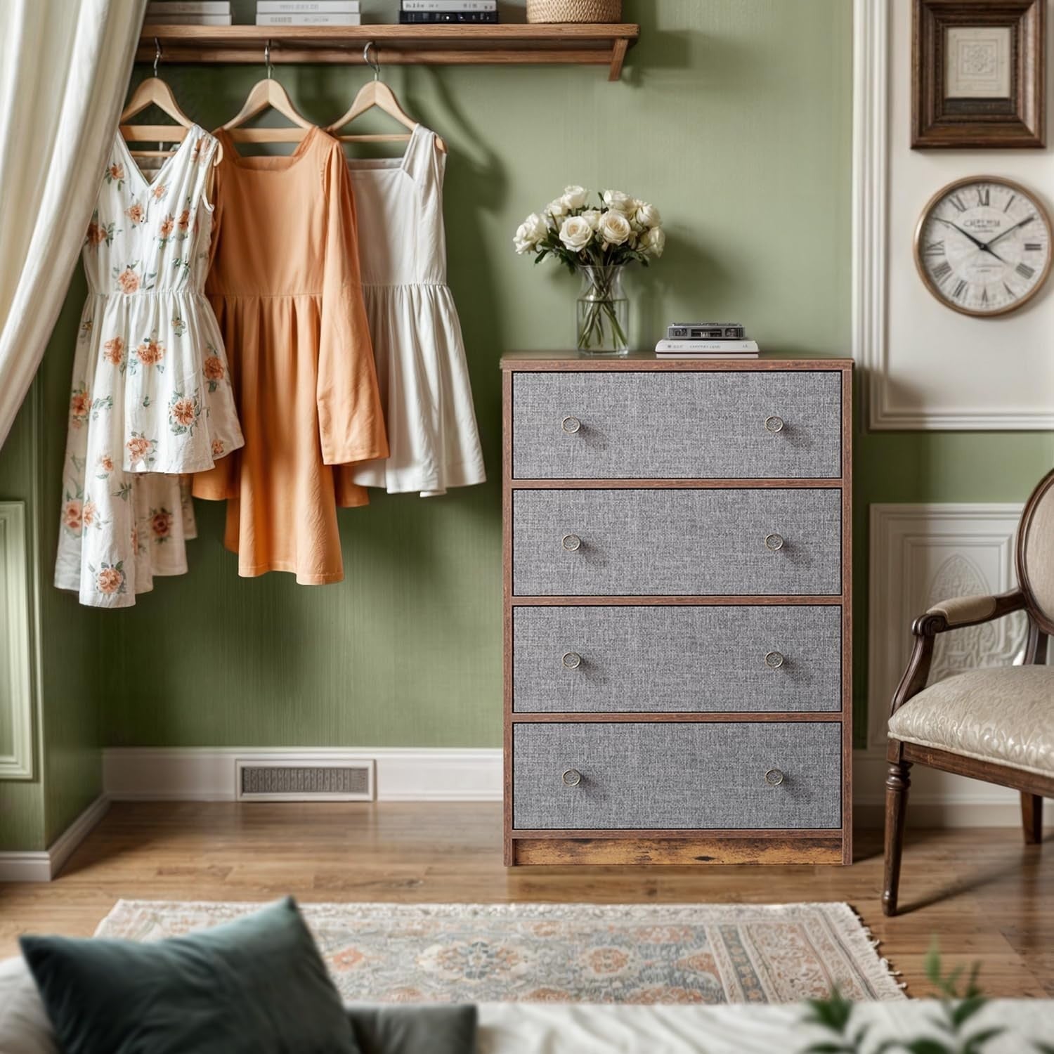 4 Drawer Fabric Chest Grey Rustic Wood Storage Unit for Bedroom Hallway