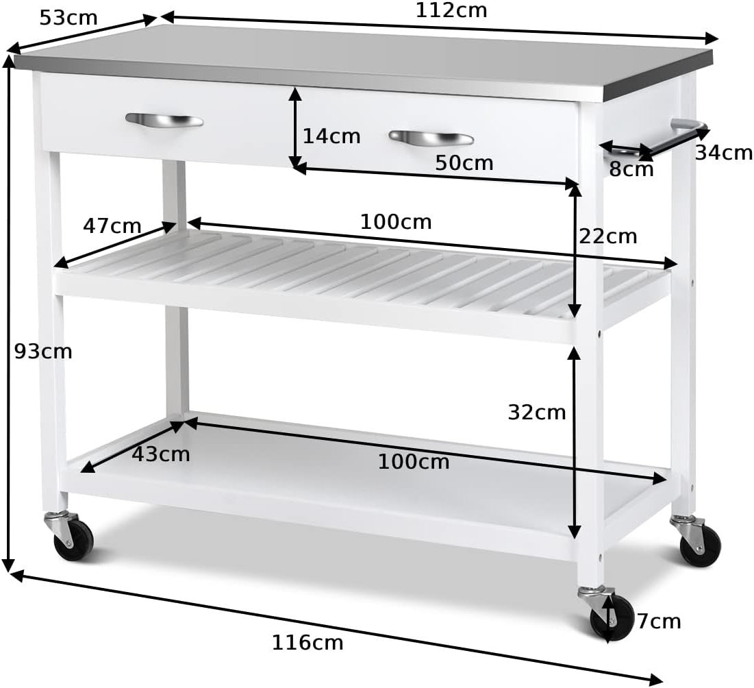 Kitchen Island Trolley with Stainless Steel Top, 2 Drawers & Lockable Wheels