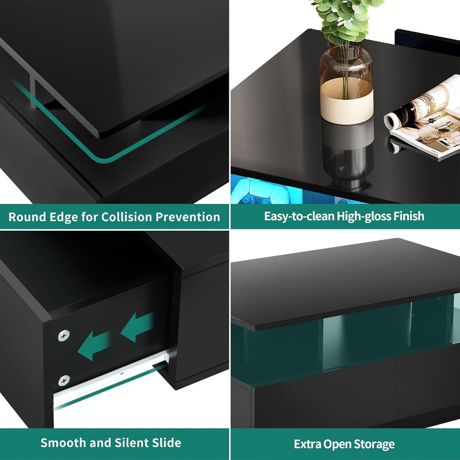 Black LED Coffee Table with Storage Drawers Gloss Finish | 16-Color Lights