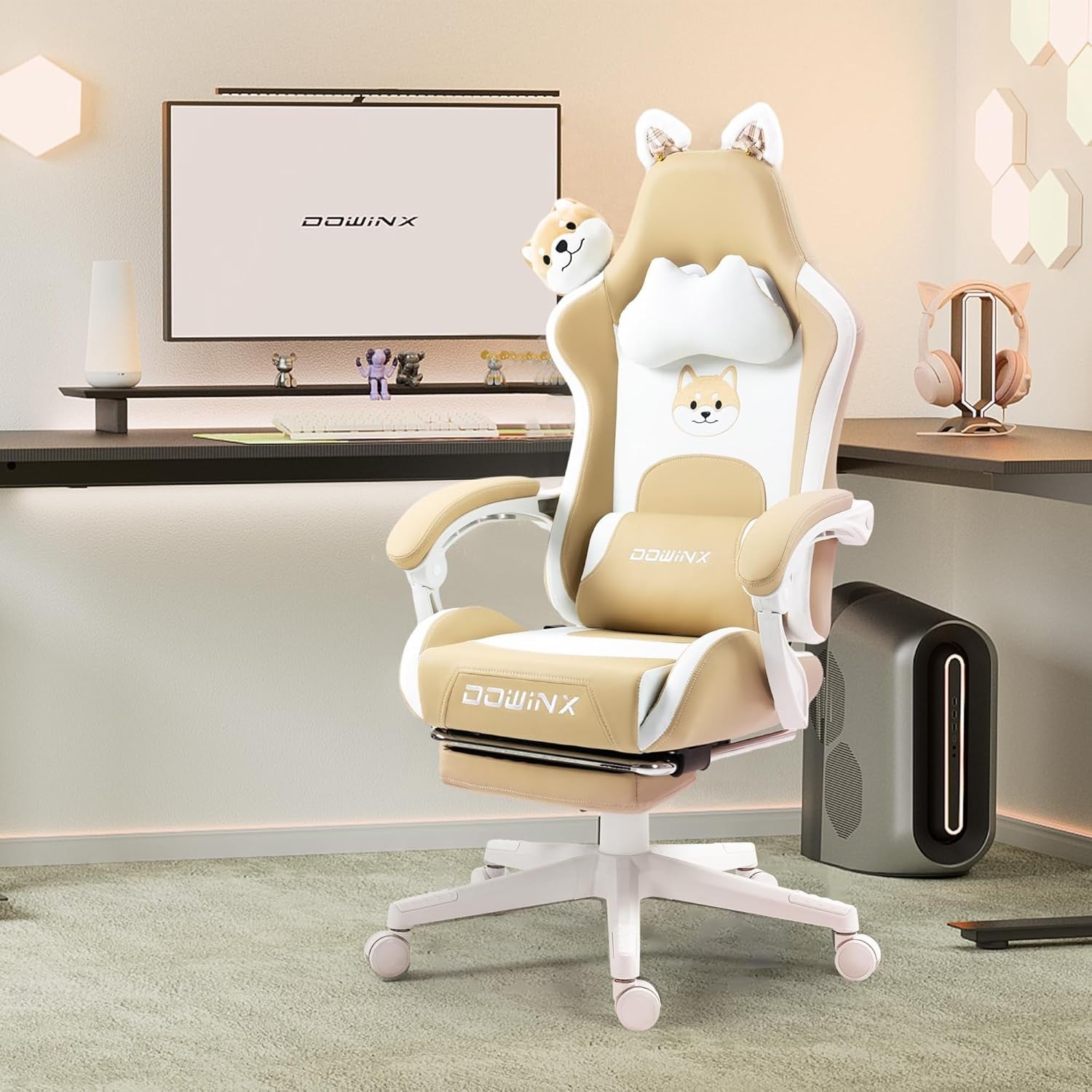 Cute Dog Ear Gaming Chair Massage Lumbar Footrest 290lbs Brown