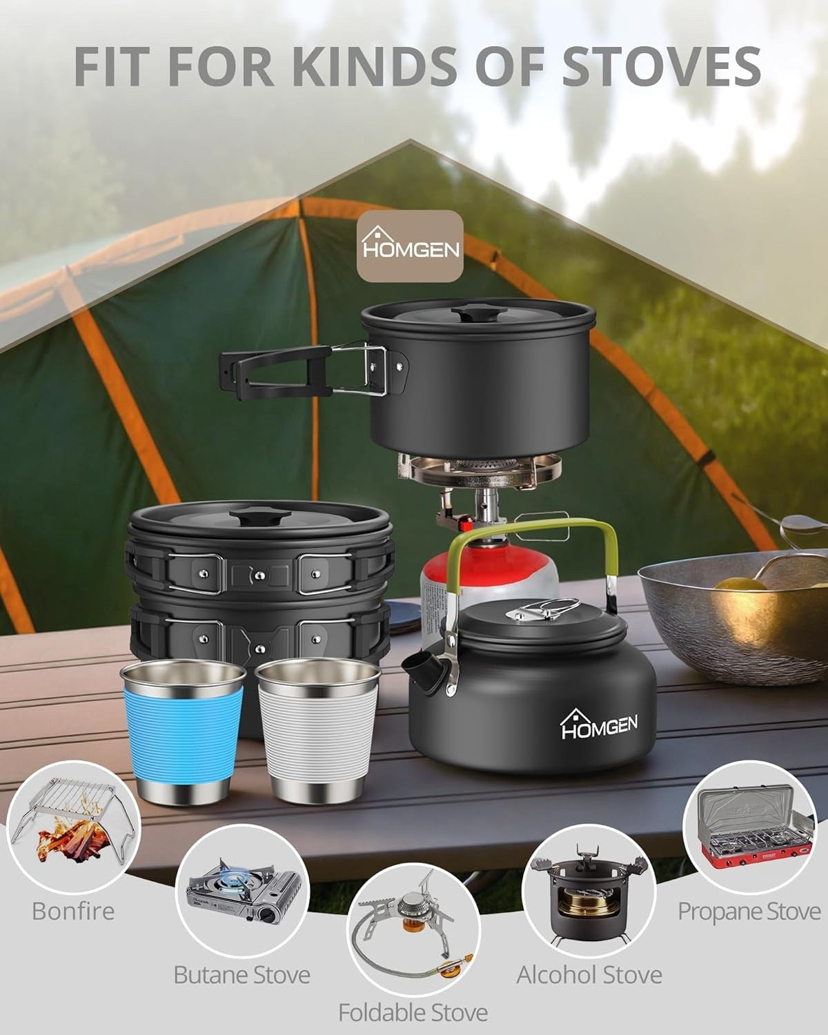 Black Camping Cookware Set with Pot Frying Pan, Kettle & Utensils for 2–3 People