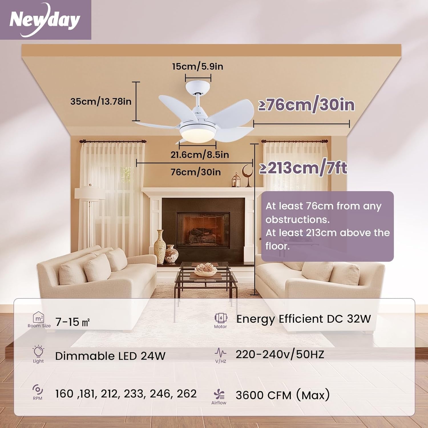 30" Ceiling Fan with Light, 6-Speed DC Motor, Remote, Dimmable LED