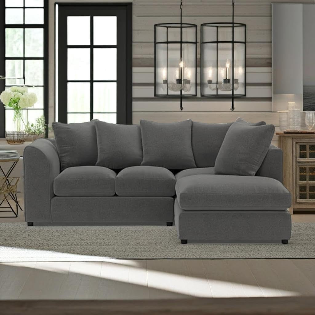 Grey Right Hand L Shaped Corner Sofa – 4 Seater Modular Couch with Cushions
