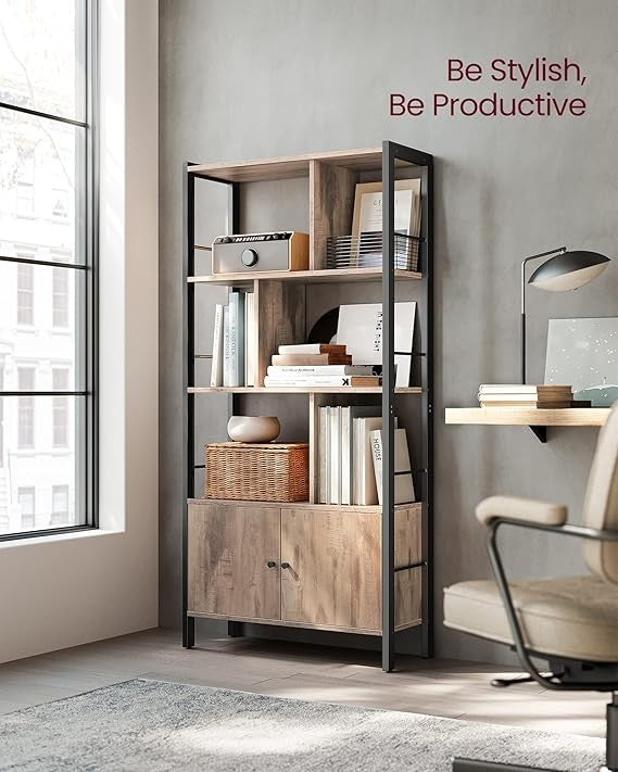 4-Shelf Industrial Bookshelf Rustic Oak Metal Wood Storage Unit with Cabinet