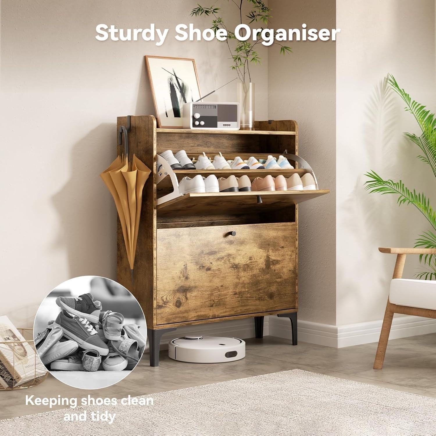 Rustic Brown 2 Drawer Shoe Cabinet with Adjustable Dividers & Flip Storage.
