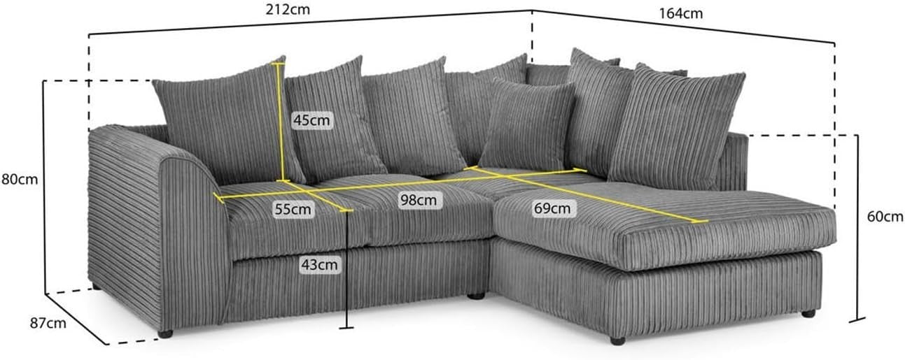 Grey Jumbo Cord L Shape Corner Sofa 4 Seater LH – Comfy Modular Couch