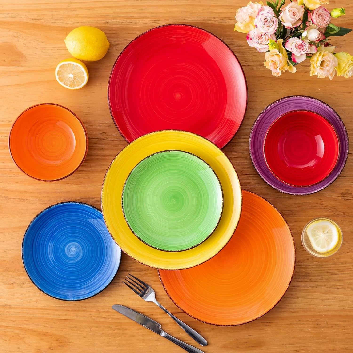 18pc Stoneware Dinner Set for 6 Multicolour Plates Bowls Hand Painted
