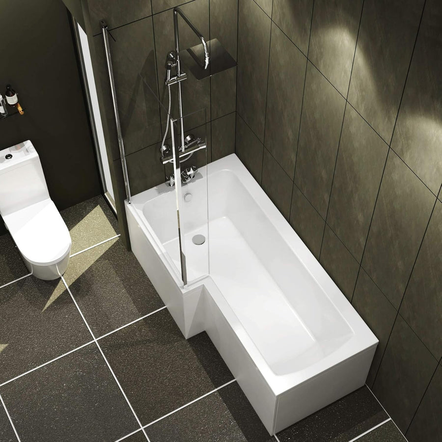1700x850mm Left-Hand L-Shaped Shower Bath with Glass Shower Screen Acrylic