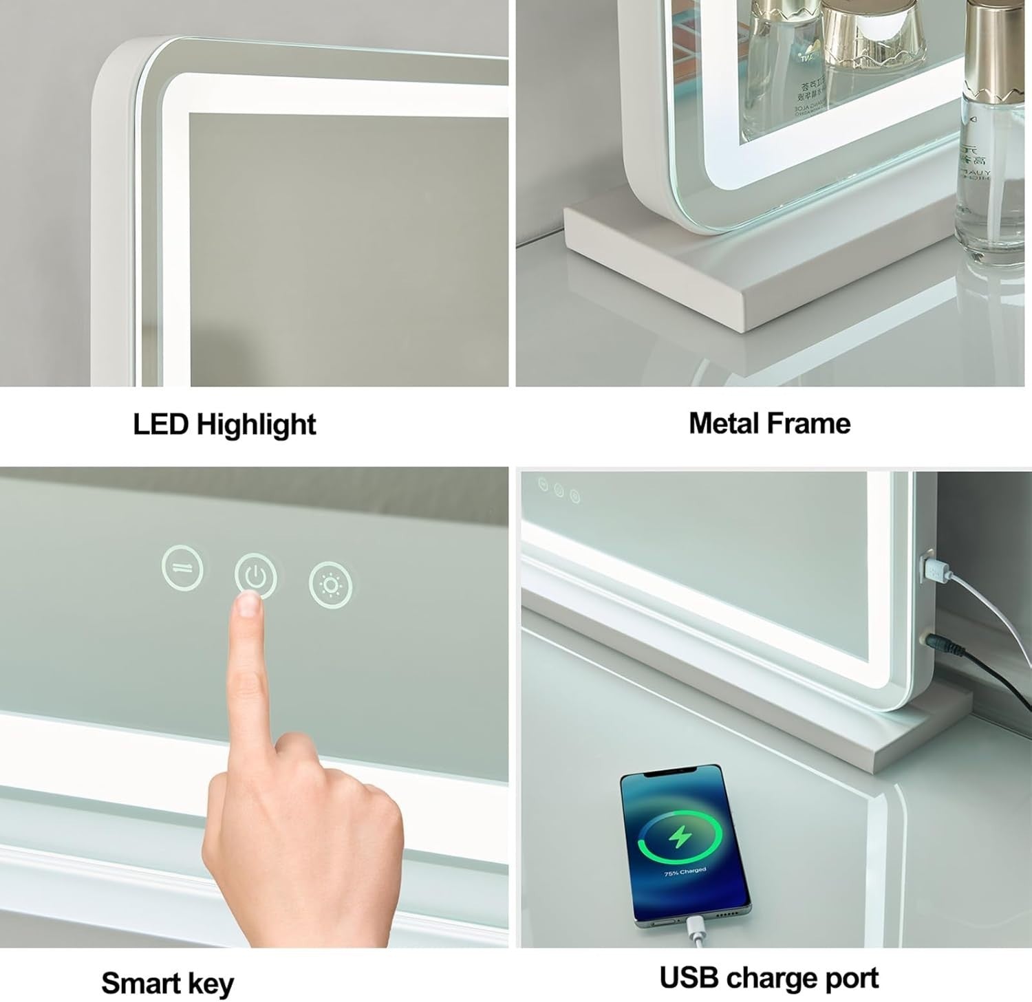 Touchscreen LED Vanity Mirror 55x80cm with USB Port & 10X Magnifier