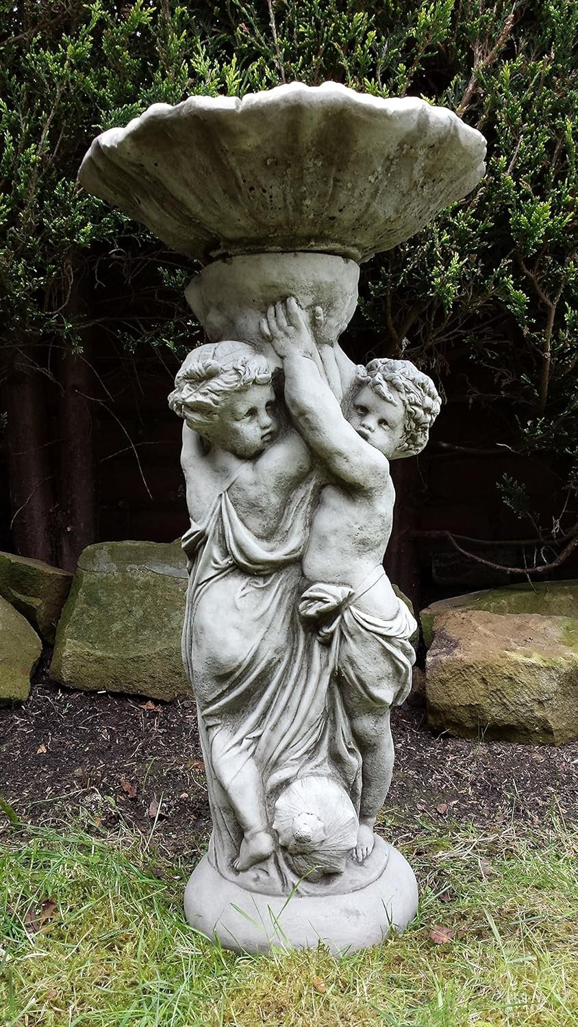 Twin Cherub Stone Bird Bath Feeder Ornament Garden Sculpture Antique Design