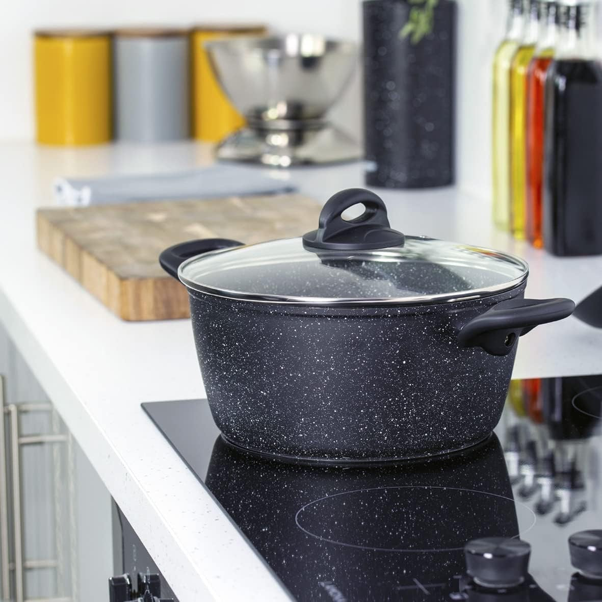 24cm Black Non Stick Stock Pot with Glass Lid – 5L Capacity Induction Safe