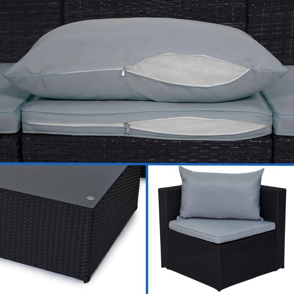 5-Piece Black Rattan Garden Corner Sofa Set with Cushions & Glass Table