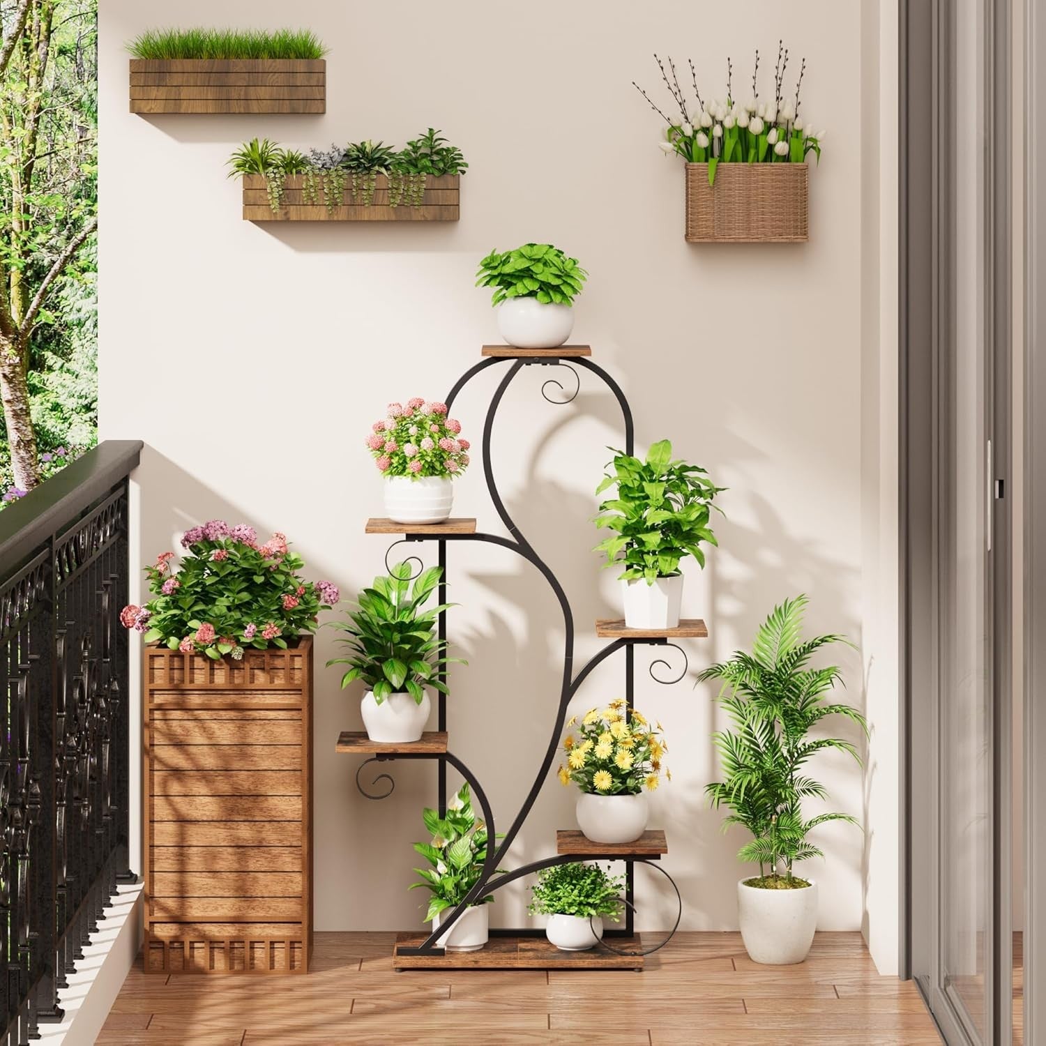6 Tier Arched Metal Plant Stand with Grow Lights Indoor Flower Display Rack
