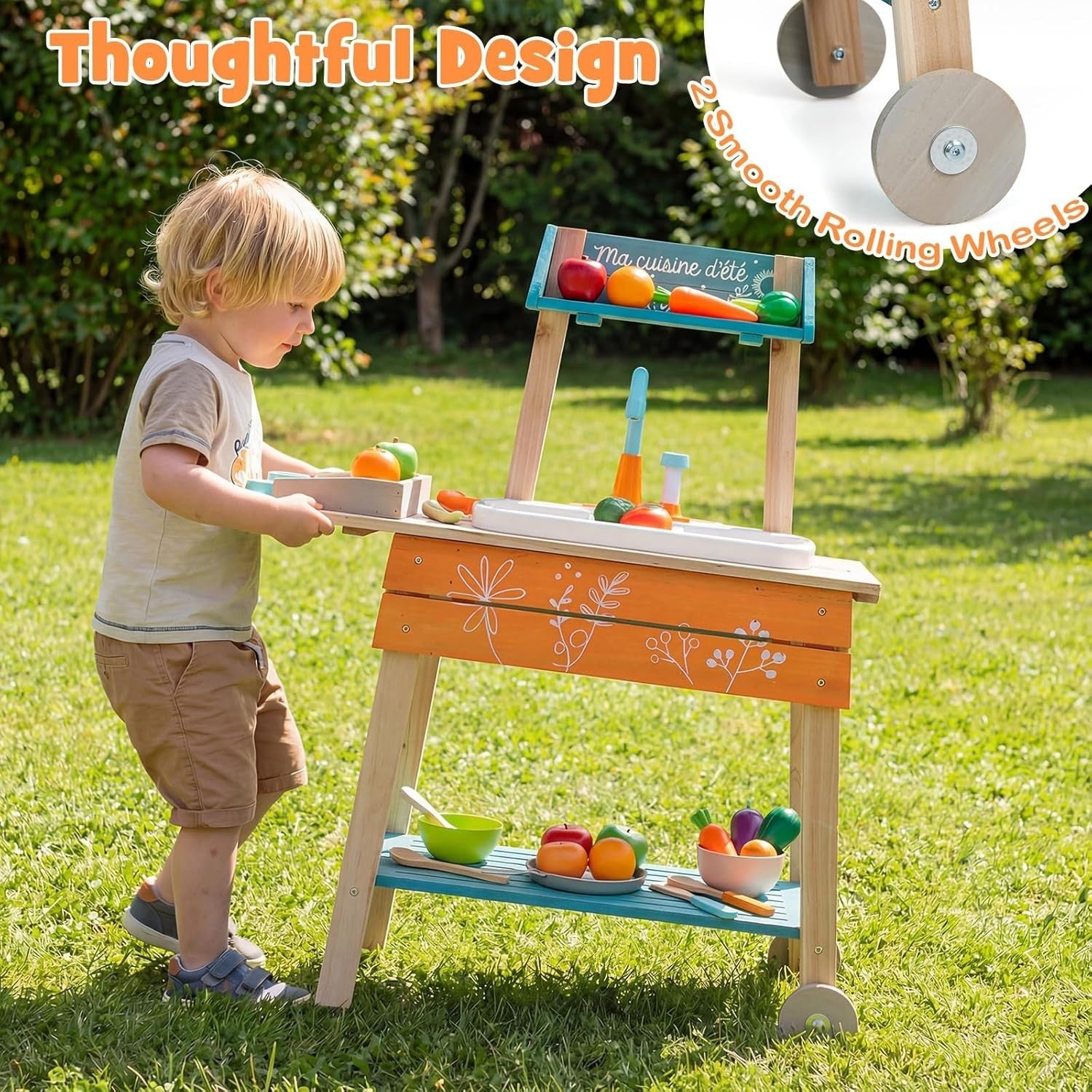 Kids Outdoor Mud Kitchen Wooden Playset Sink Faucet BBQ Toy 3+