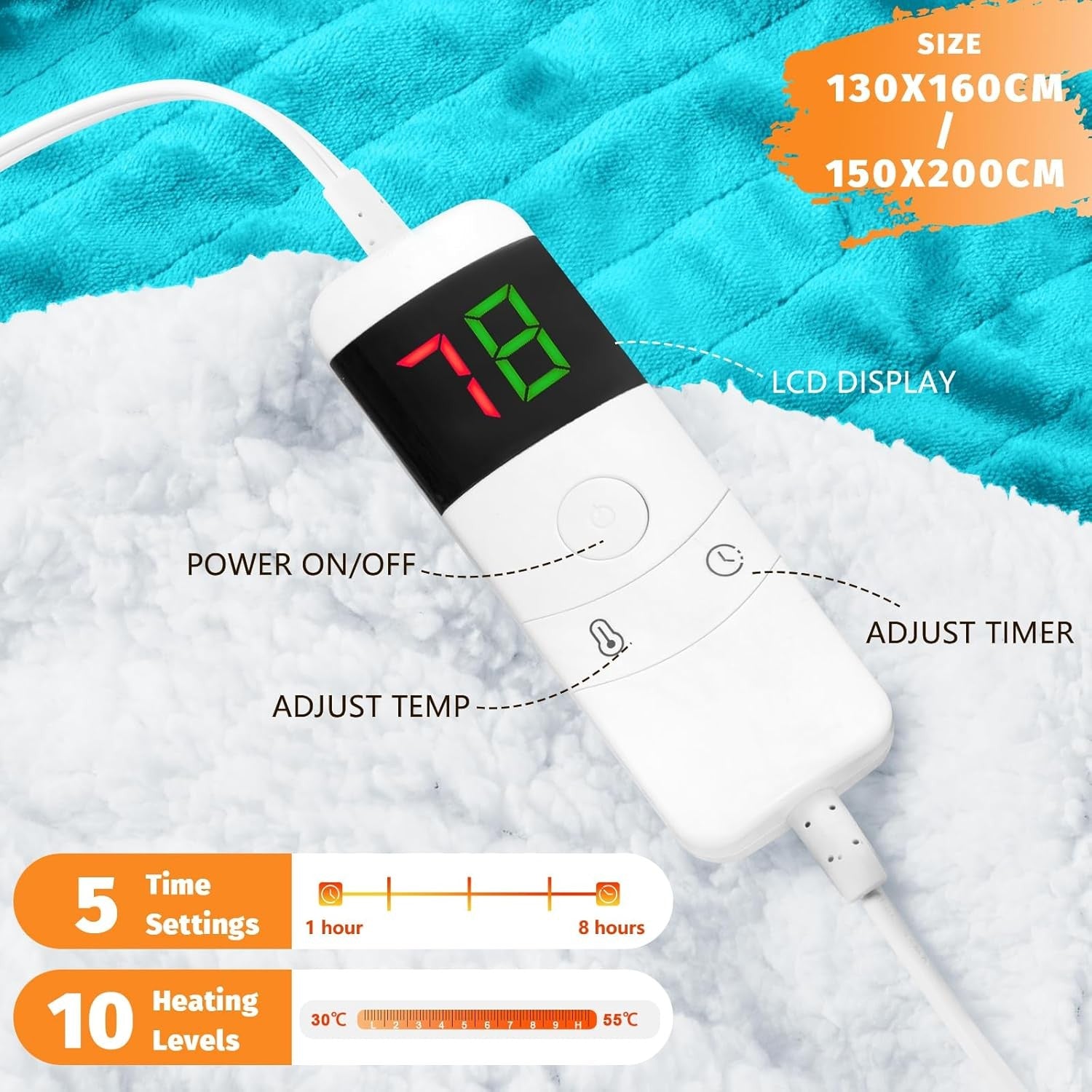 Electric Heated Throw Blanket Teal Soft Fleece 10 Heat Levels Timer 130x160cm