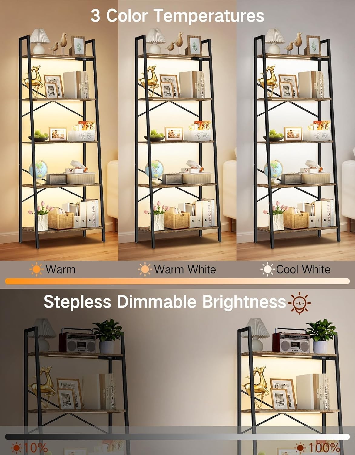 5 Tier Ladder Shelf LED Lights Dimmable Tall Bookcase Corner Unit