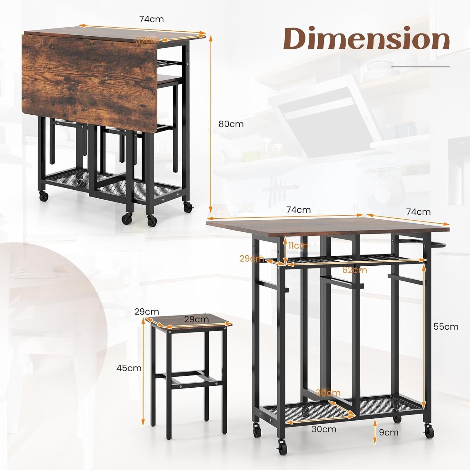 3-Piece Folding Dining Table & Stools Set with Wine Rack Storage Brown