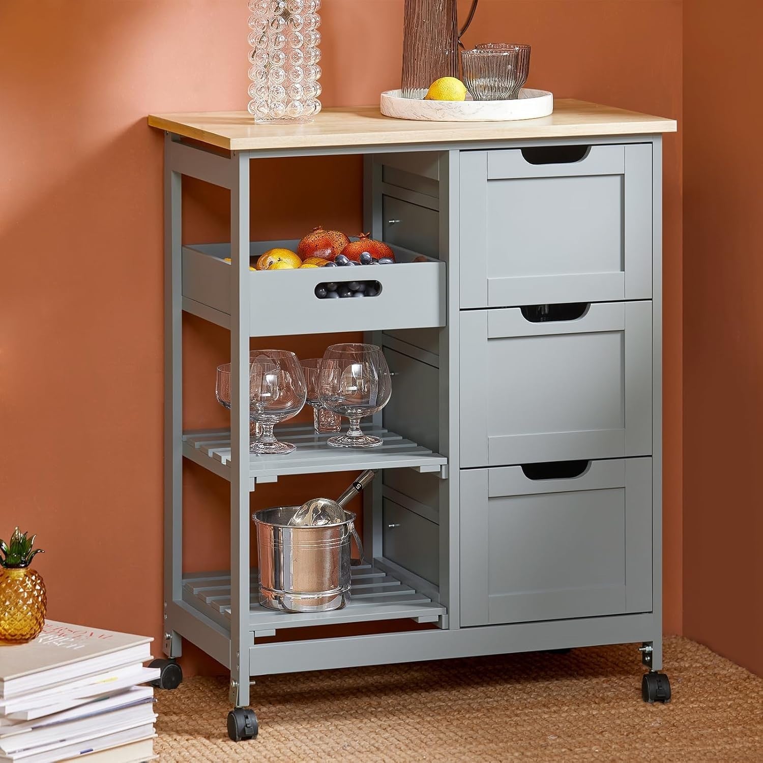 67x37x84.5cm Grey Kitchen Island Trolley 3 Drawers