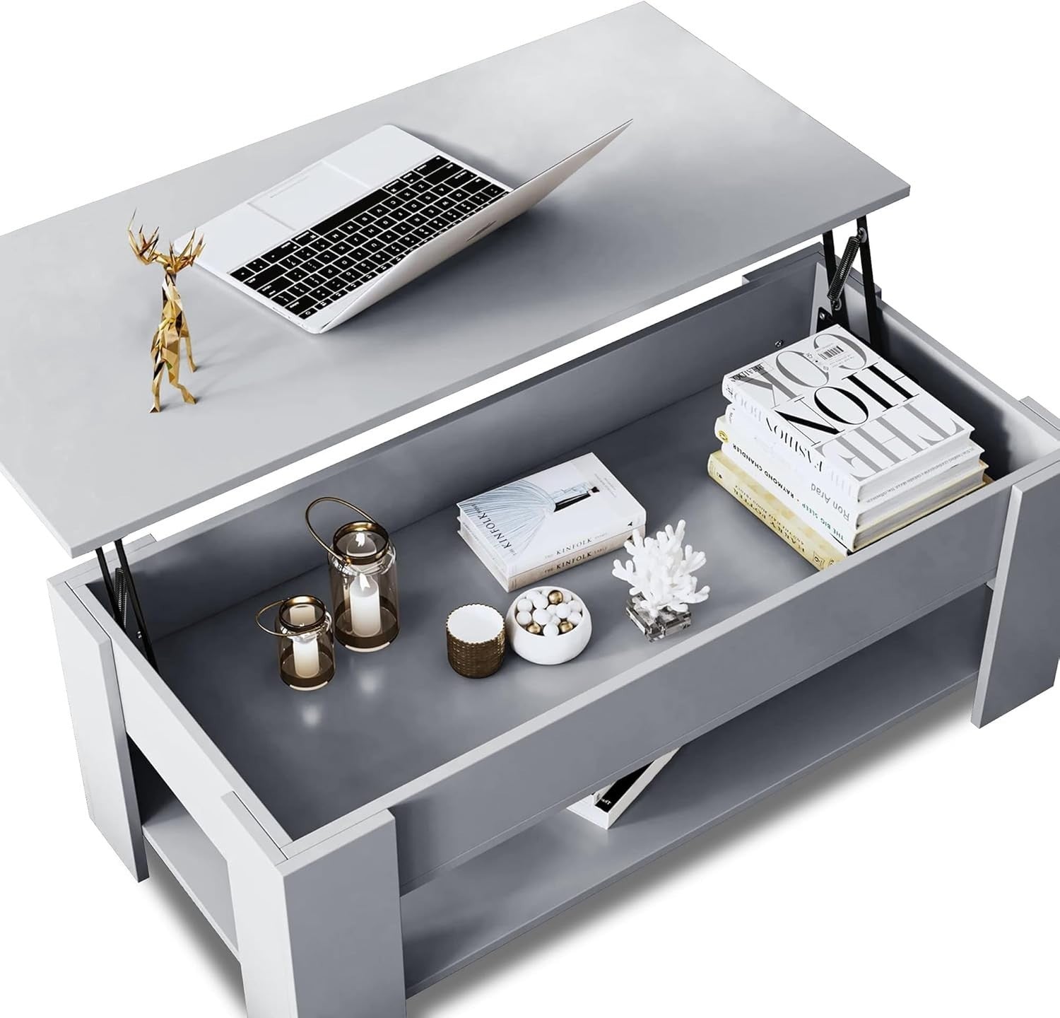 Lift Up Coffee Table with Storage – Grey 120x60cm Adjustable Height