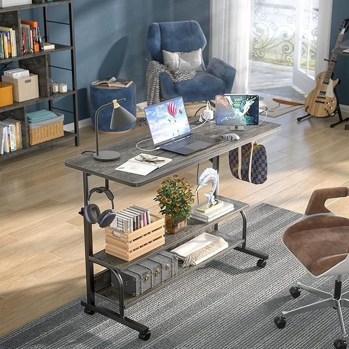 Rolling Standing Desk Adjustable Height with Power USB C-Shaped Mobile Table
