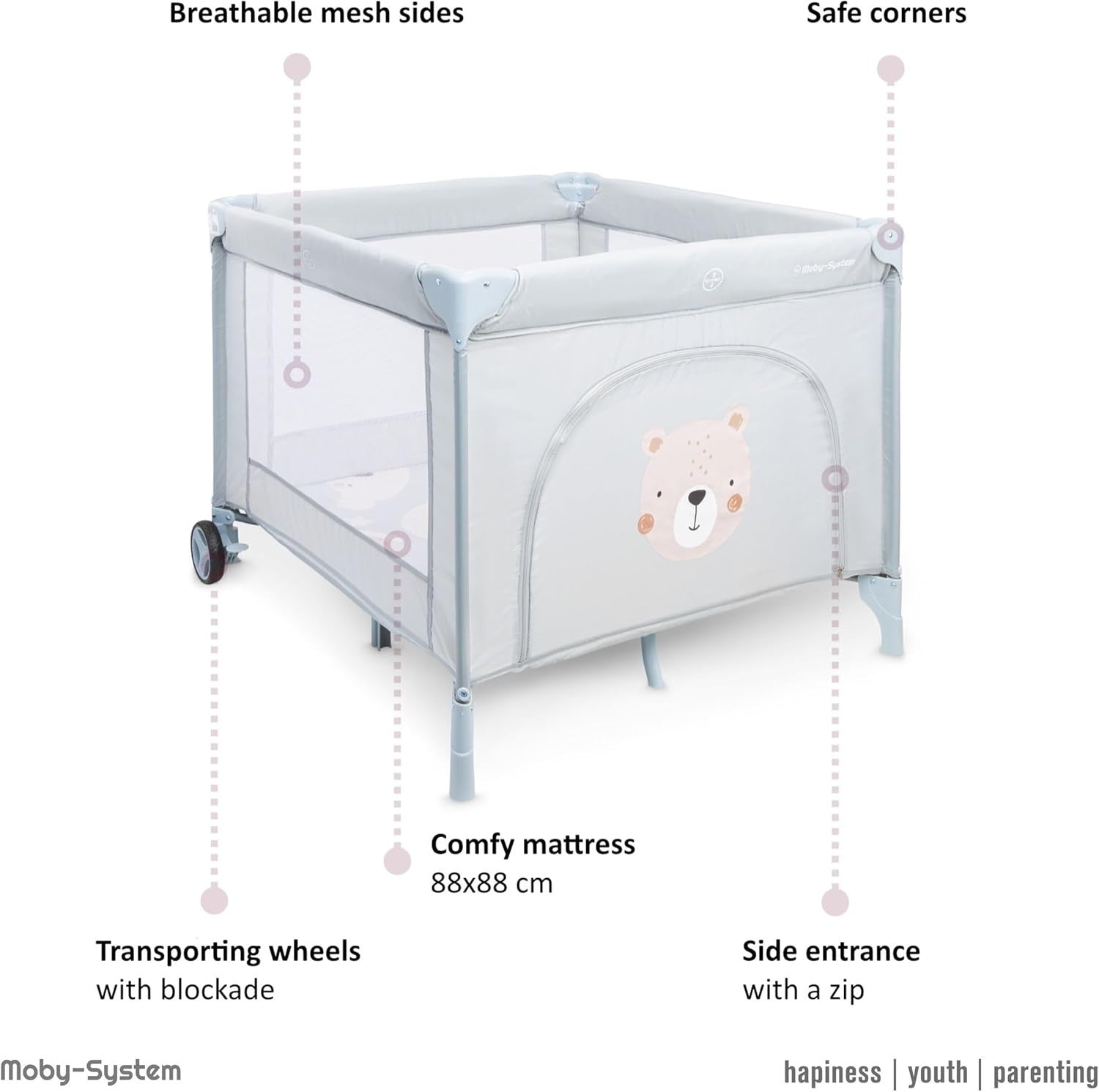 Children's Playpen with Mattress and Transport Bag Teddy Bear Folding Wheels