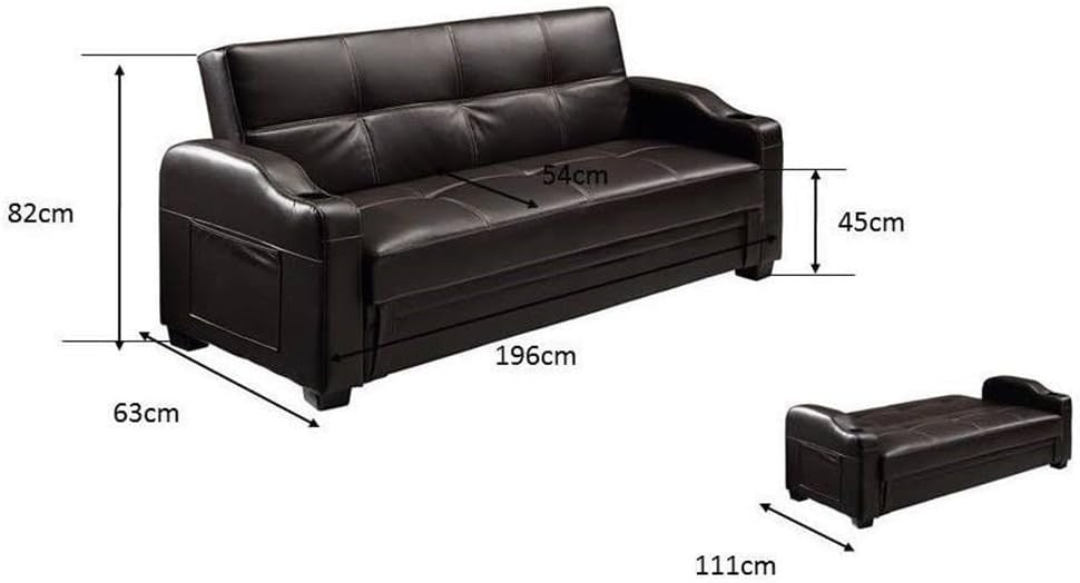 Black Faux Leather Sofa Bed 3 Seater With Storage Cupholders Modern