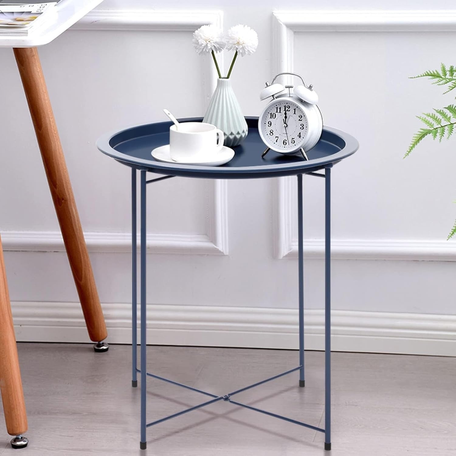Round Tray Side Table with Removable Tray – 47x50cm Gray Blue Metal Table