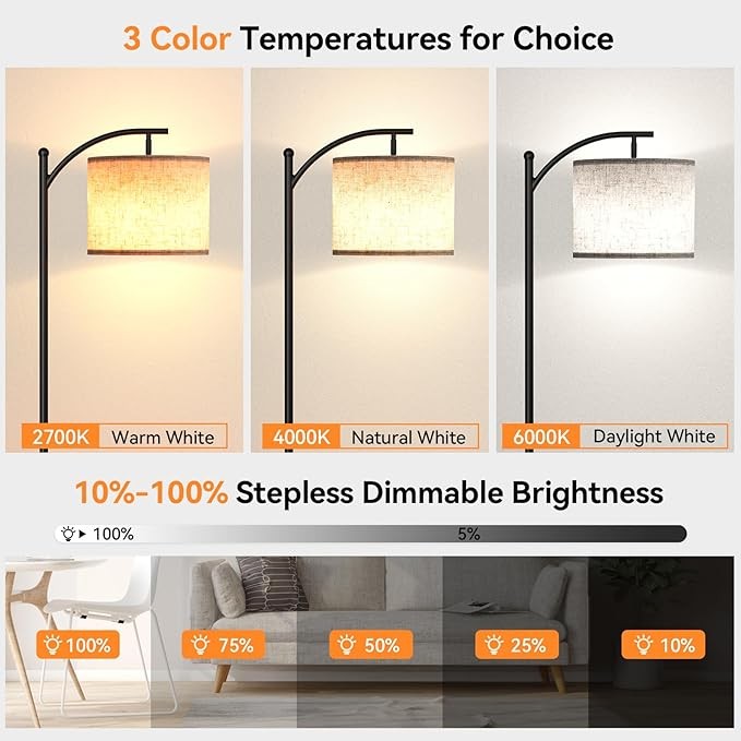 Arc Floor Lamp Dimmable Remote Control Modern Standing Light Beige Shade