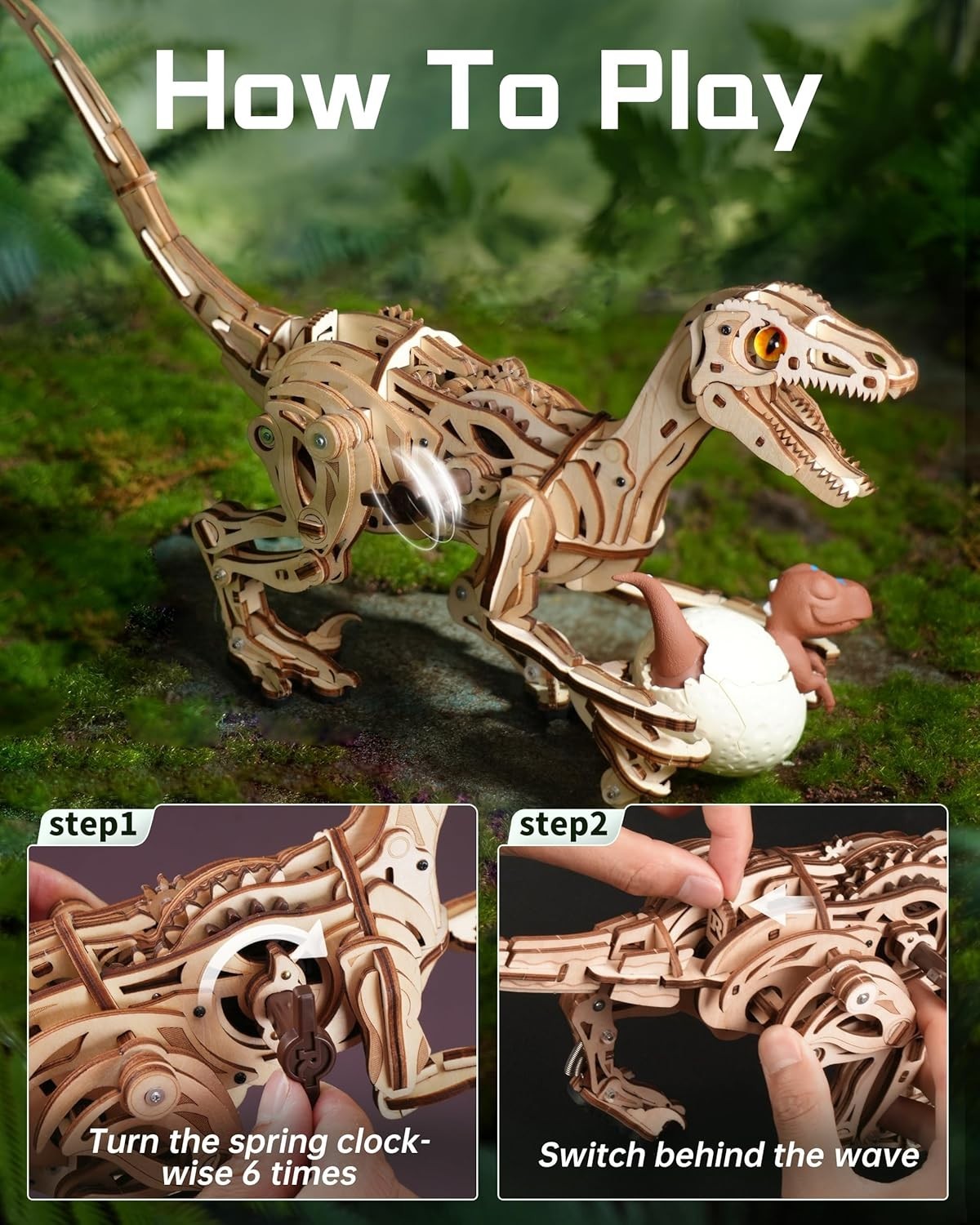 3D Wooden Dinosaur Puzzle Kit Walking Velociraptor STEM Model Toy DIY